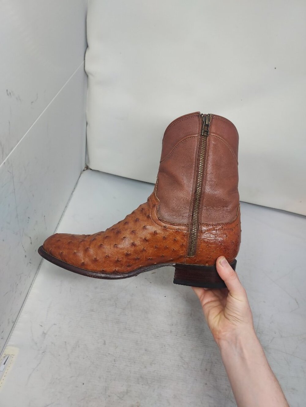 TECOVAS MENS Peacan Dean Ostrich Brown Zip Cowboy Boot - Picture 4 of 12